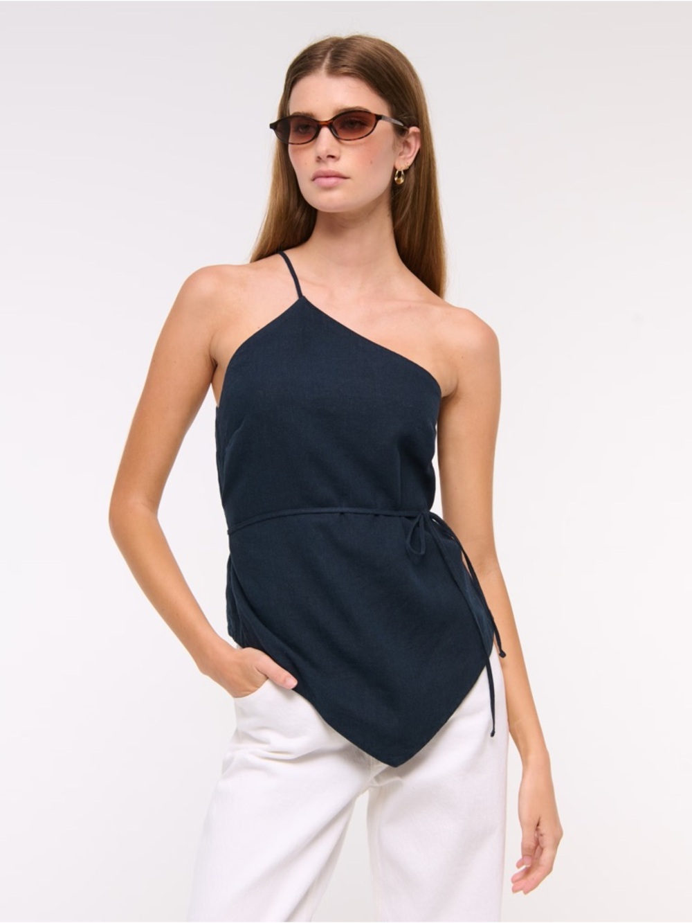 Abercrombie & Fitch One-Shoulder Asymmetrical Linen-Blend Top